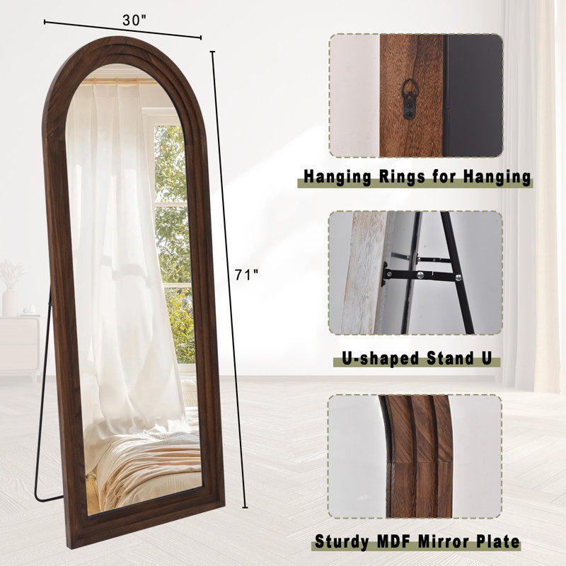 Borseth Arched Wood Frame Full Length Mirror with Stand, 64" x 21", Brown