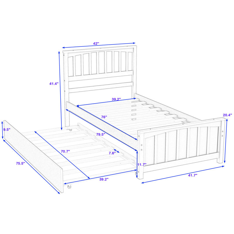Lit plateforme simple en bois avec lit gigogne Breleigh, Gris