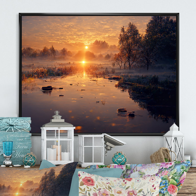 Lucin - paysage chalet montagnes du lac, H 24 po x l 32 po x P 1 po, Cadre flottant noir
