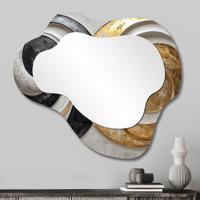 Abstract Gold And White Eclipse Of Moons I - Abstract Spirals Asymmetrical Wall Mirror, Modern Vanity Mirror, Printed on Metal