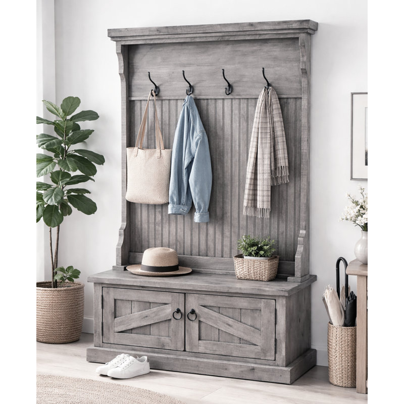 Kinley Hall Tree 37.5'' Wide with Bench and Shoe Storage, Rustic Barnwood