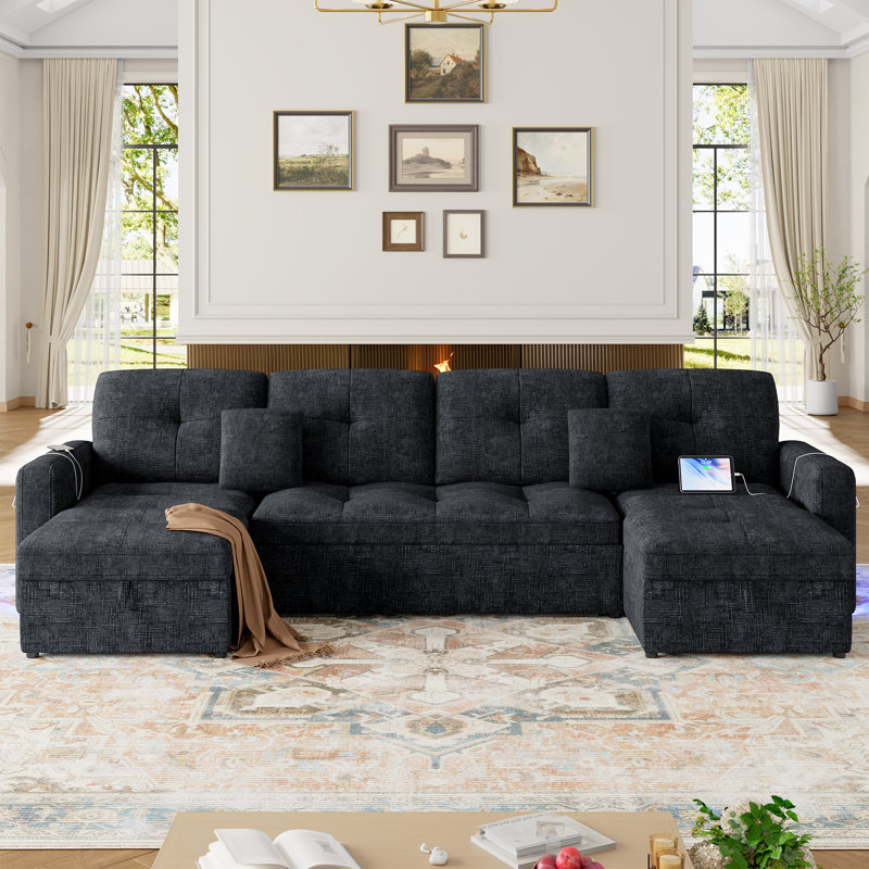 U-shaped Sectional Sofa With Charging Station And Light Strips, Living Room Large Pull Out Sofa Bed Sleeper With Adjustable Backrest