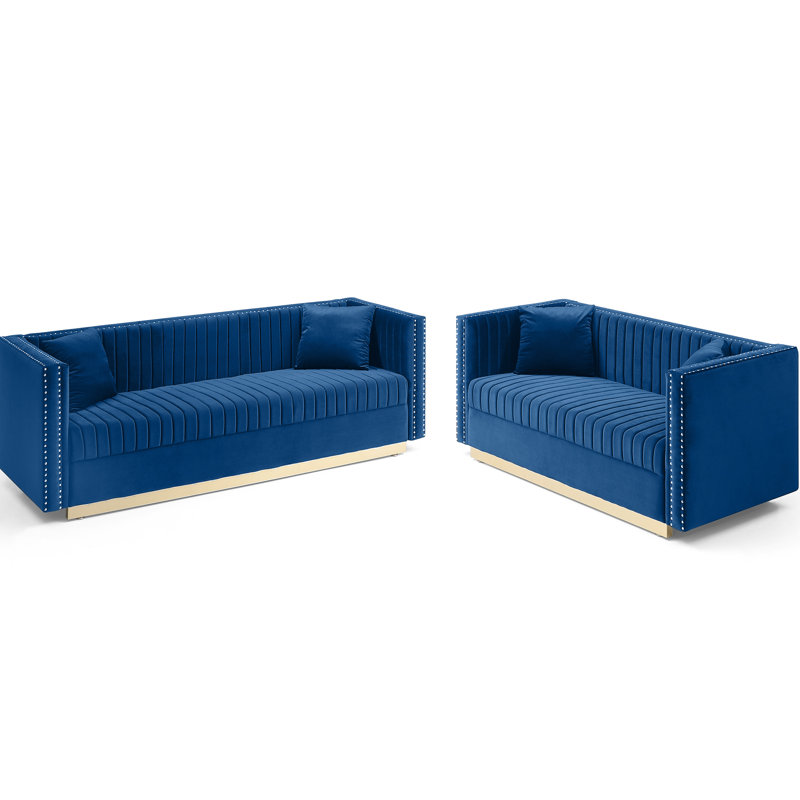 Salon en velours bleu avec base en or poli - 2 pièces à rainure verticale pour un style maison
