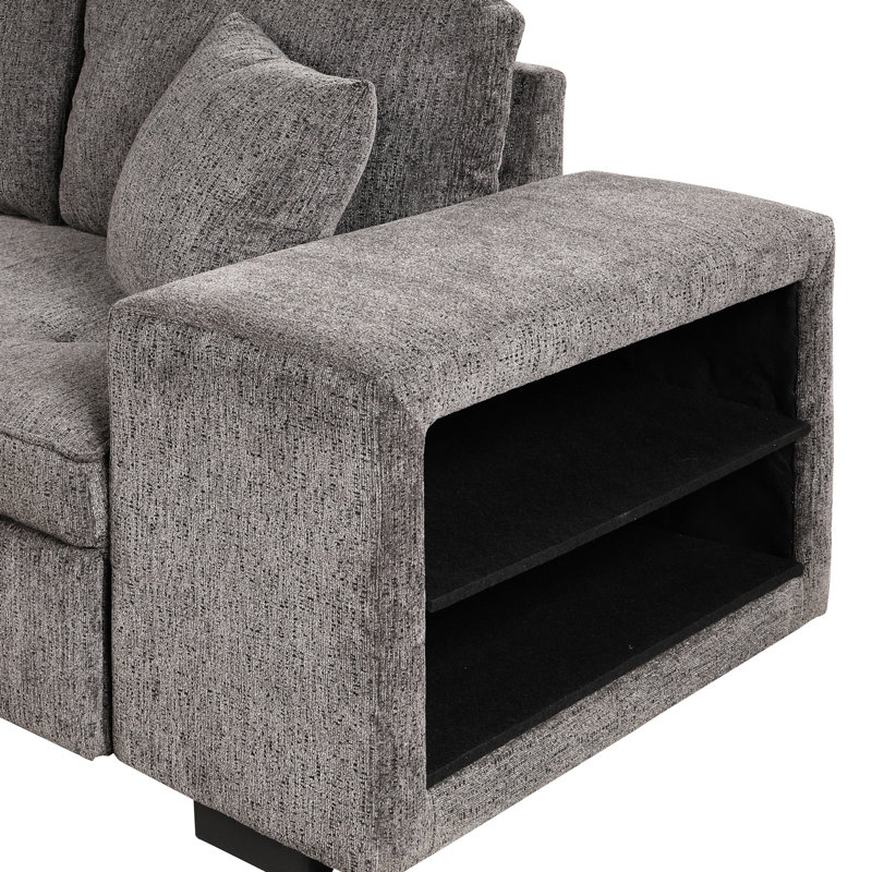 104.5" L-shape Sectional With Sleeper Function, Storage Chaise And 2 Stools, Charcoal Living Space Reversible Bed & Comfy Linen Fabric,