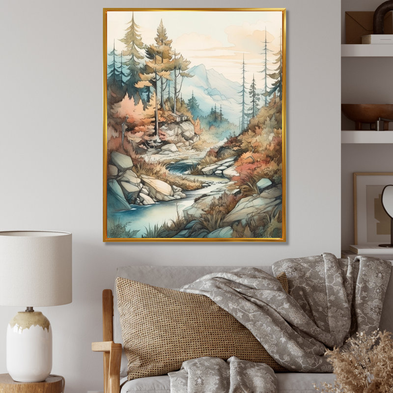 " Stream Running Through The Mountains ", 32" H x 24" W x 1" D, Gold Floater Framed