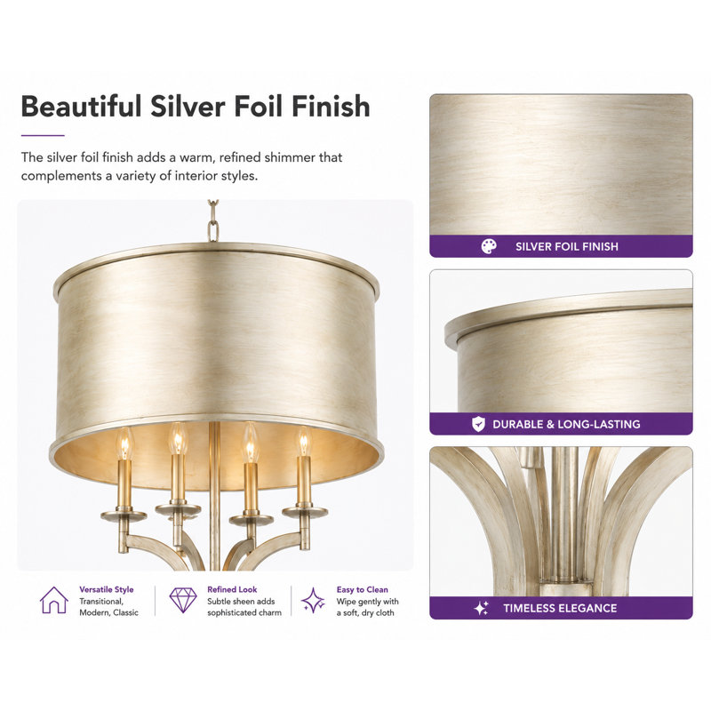 Alejo 4 - Light Lantern Drum Chandelier, Silver Foil Sticked