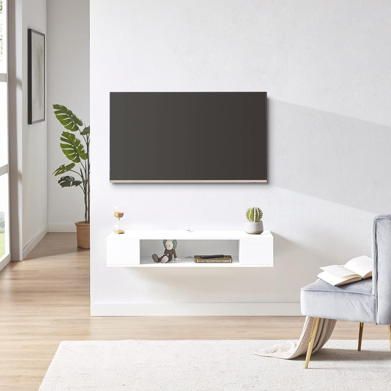 Console média flottante avec meuble audio-vidéo mural et meuble sous la télé peu encombrant pour la chambre à coucher et le salon (blanc)