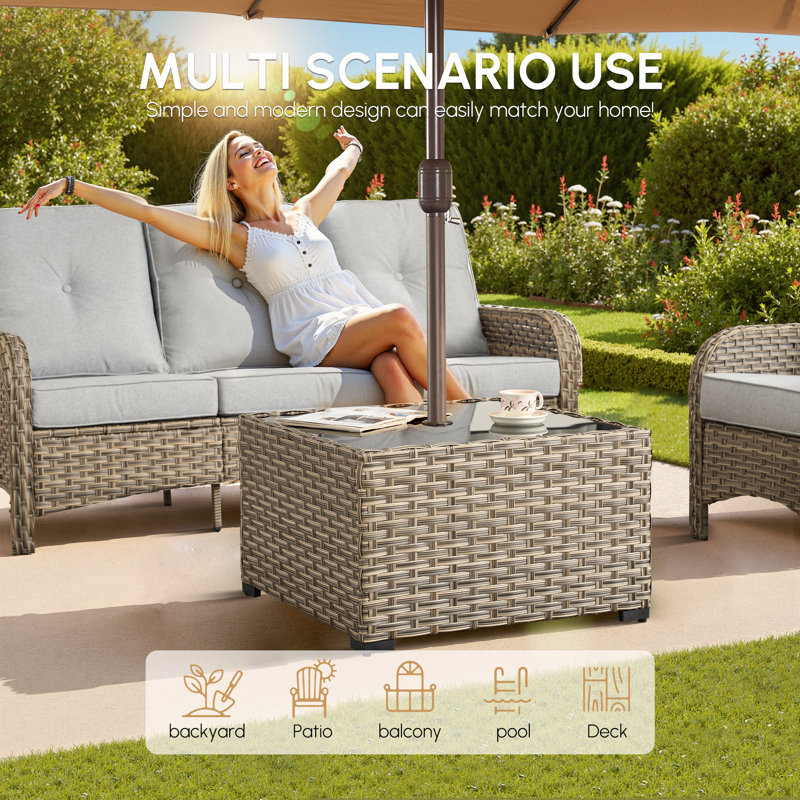 Glass Outdoor Coffee Table, Beige, 29.53” x 29.53”