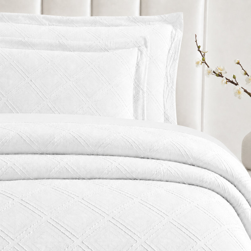  Parure de lit carrée en microfibre prélavée, Housse de couette pour grand lit + 2 taies décora, Blanc