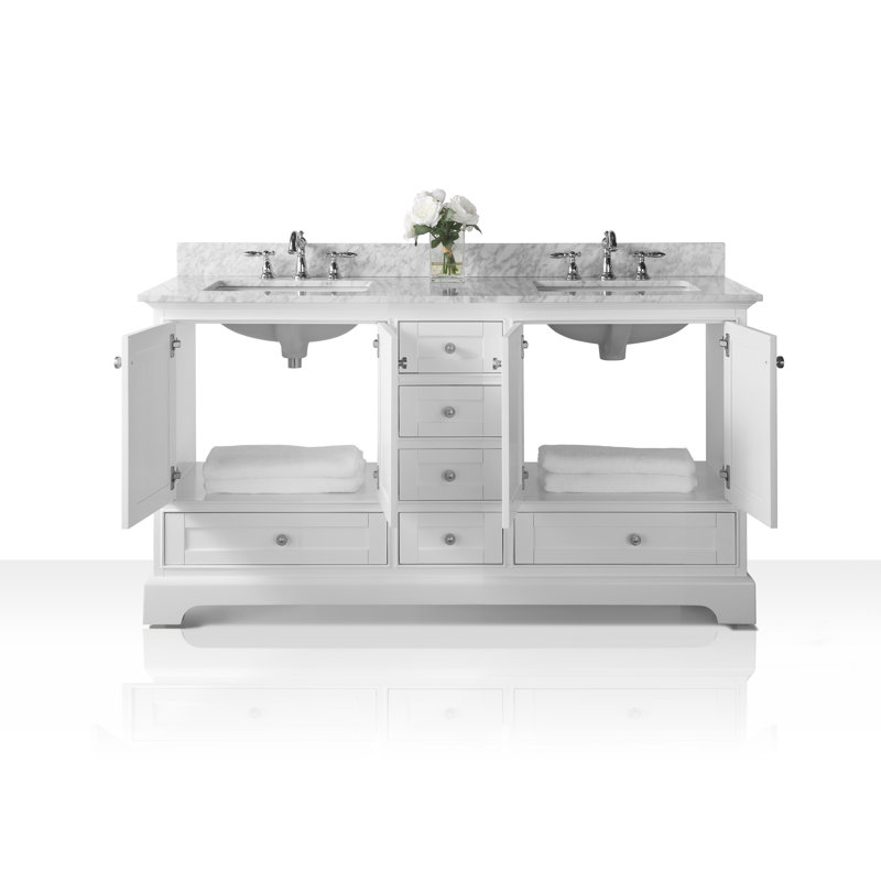 Audrey 66'' W Double Vanity, White| Brushed Nickel, Carrara White