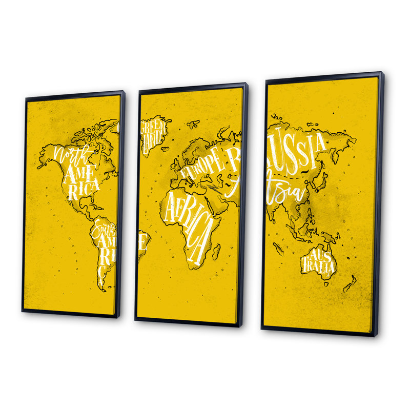 Carte du monde vintage rétro - cartes murales sur toile, ensemble de 3, H 32 po x l 48 po x P 1 po, Noir