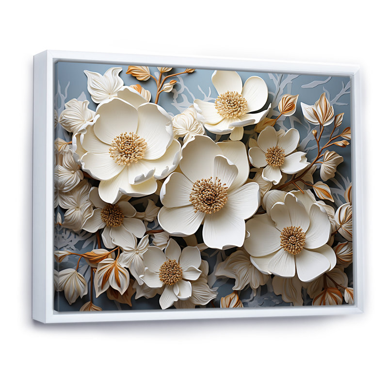 Reproduction d'art sur toile dorée blanche, Cadre flottant blanc, H 34 po x l 44 po x P 1,5 po