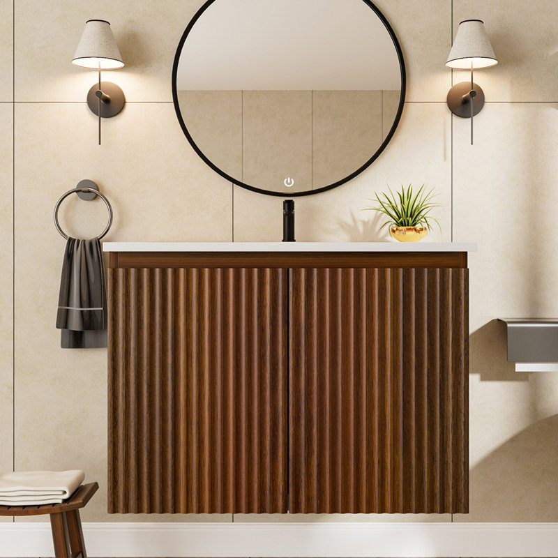 Armoire de salle de bain pliable 30 po avec lavabo, Noyer