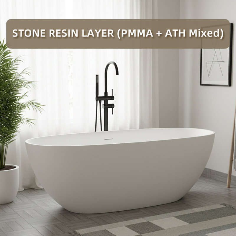 59" Stone Resin Freestanding Bathtub, Elegant Oval Stand Alone Soaking Tubs, Solid Surface Bathtub With Drain & Integrated Slotted Overflow Matte White