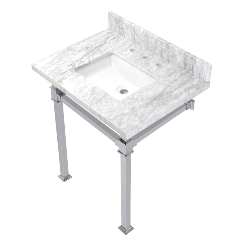 Lavabo console en marbre Carrara 30 pouces avec pieds en acier inoxydable Kingston Monarch Kingston (8 pouces, 3 trous)