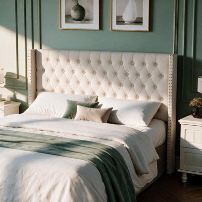 Tufted Wingback Upholstered Headboard with Nailhead Trim