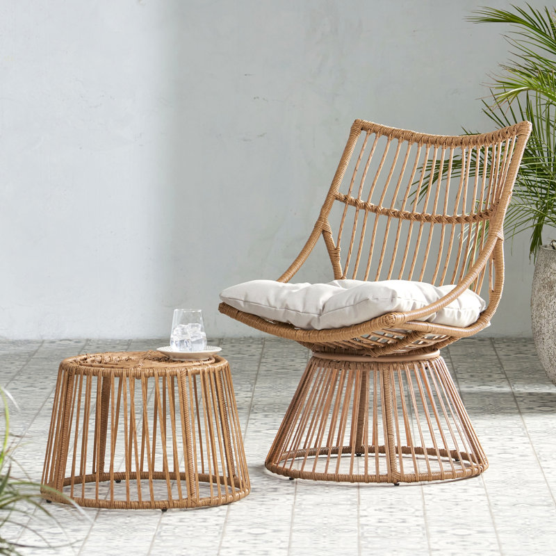Elaine Chair & Side Table, Beige Cushion/Light Brown Frame