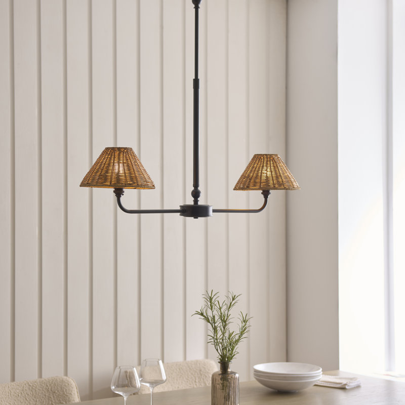 2 - Light Linear Chandelier, Matt Black & Dark Rattan