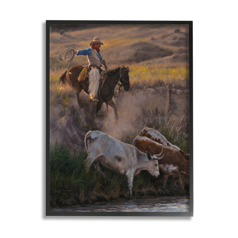 «Cowboy Rounding Up Bétail Lasso» encadré sur bois par David Graham, peinture, Giclée encadrée noir minuit, H 14 po x l 11 po