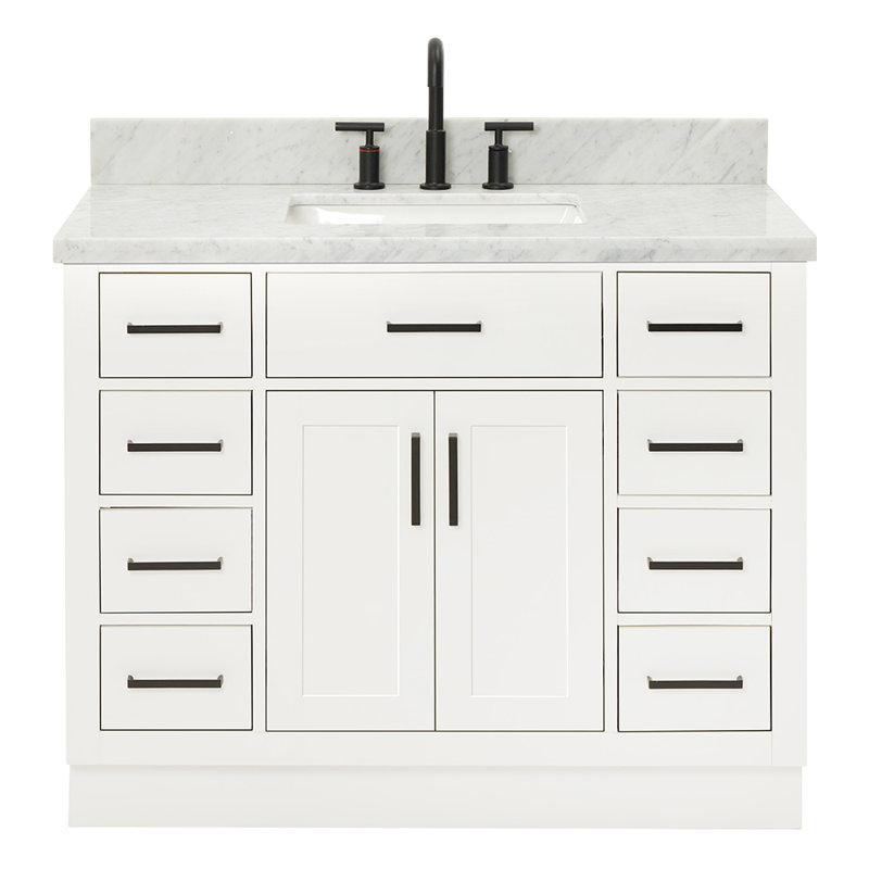 Thornaby 42'' Solid Wood Single Bathroom Vanity with 1.5'' Carrara Marble Top, White / Matte Black, Rectangular