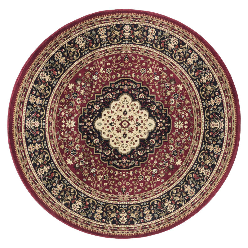 Tapis ivoire / rouge / noir à tissage plat Bitner, Rond 5 pi 3 po