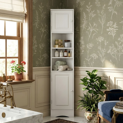 67" Tall Corner Bathroom Cabinet With Adjustable Shelves, Space-Saving Triangle Storage Tower With 2 Doors & Open Shelf, White/Black/Grey