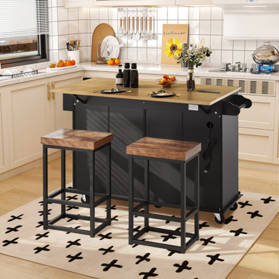 Farmhouse Kitchen Island on Wheels with Drop Leaf, 2 Stools, Storage Cabinet & Drawers, Spice Rack, Towel Rack & Power Outlet