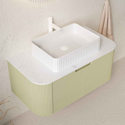Meuble-lavabo de salle de bain 36 po avec lavabo, armoire de rangement de salle de bain à bords arrondis flottants avec tiroir, lavabo rectangulaire en céramique blanche, sans robinet, pré-assemblé