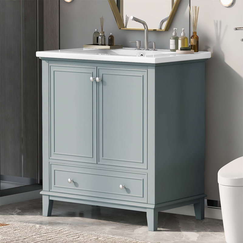 Meuble-lavabo de 30 pouces avec lavabo, rangement multifonctionnel, structure en bois massif, panneau de fibres à densité moyenne et lavabo en céramique pour les salles de bain modernes