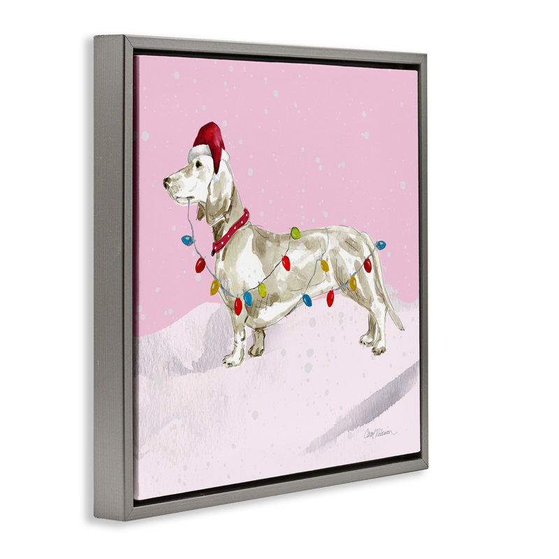 Cadre flottant Christmas Lights Dachshund, design par Carol Robinson, H 18 po x l 18 po, Cadre flottant gris lustré