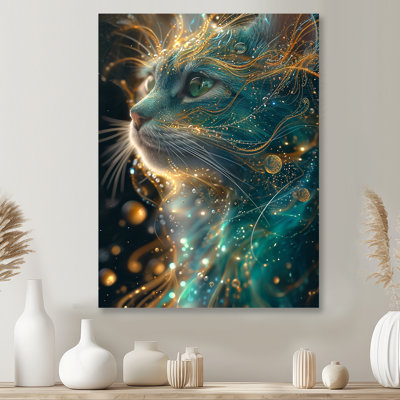 Astral Purr Turquoise Galactic Cat - Art mural chat