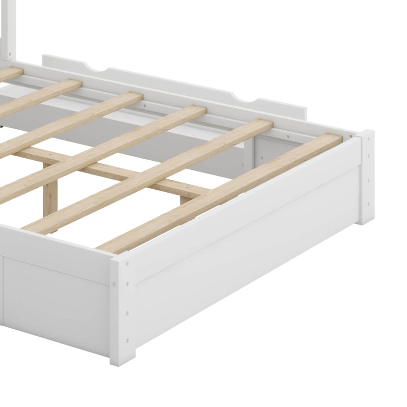 Lit plateforme grand en bois avec tête de lit garde-corps, 2 tiroirs et toit, Blanc