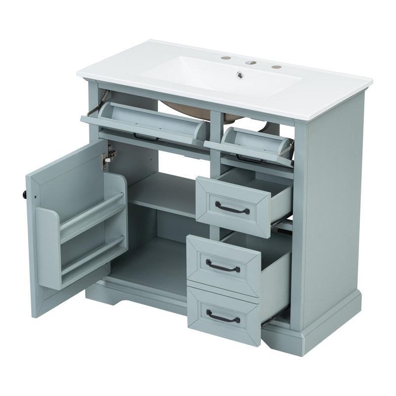 Meuble-lavabo sur pied 36 po avec lavabo en céramique, Gris / Noir