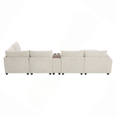 Canapé modulaire de 139 po en forme de U avec console, canapé en velours côtelé en L surdimensionné avec siège large, chargeur USB, porte-gobelets, repose-pieds mobile, poches de rangement, 6 sièges pour le salon