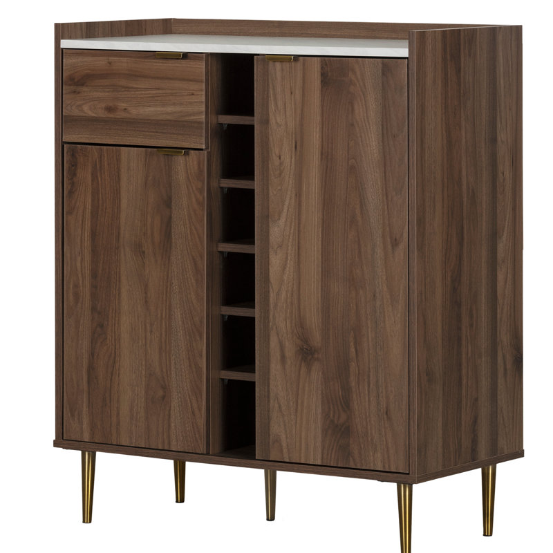 Natural Walnut and Faux Carrara Marble Bar Cabinet