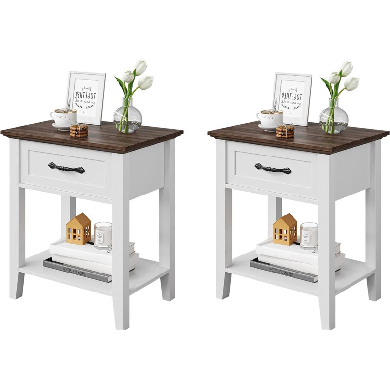 2 pièces, table de bout avec tiroir, 2 niveaux, Blanc, Brun