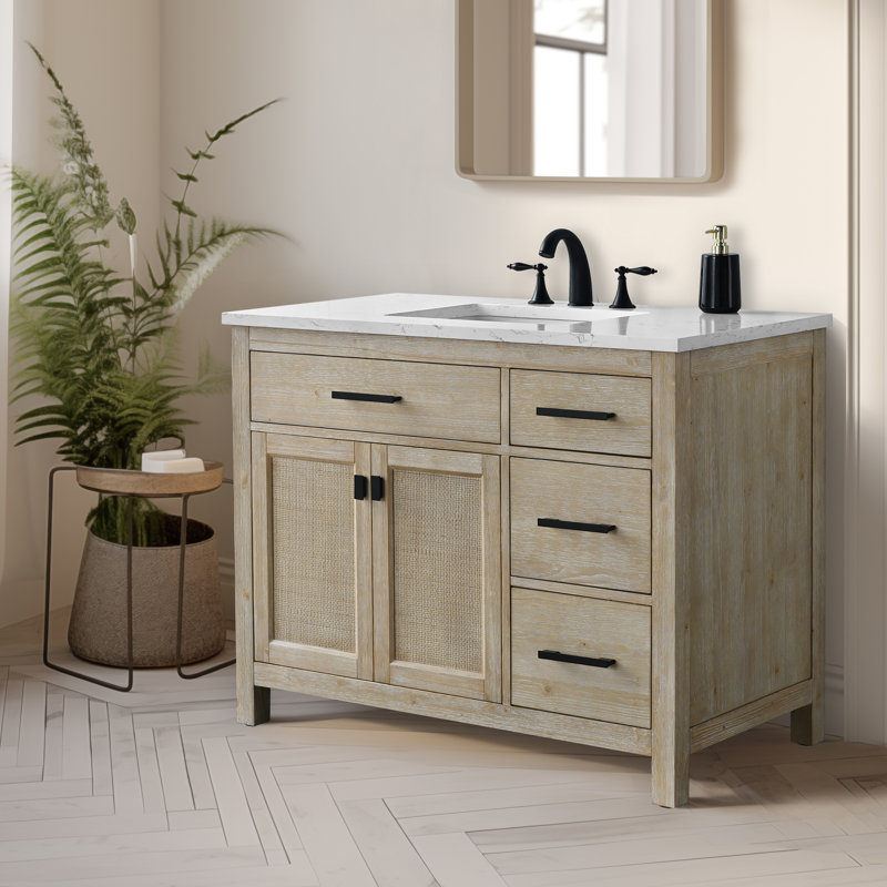 Meuble-lavabo simple 42 po avec plateau en pierre Marquist,  Essence de sapin clair