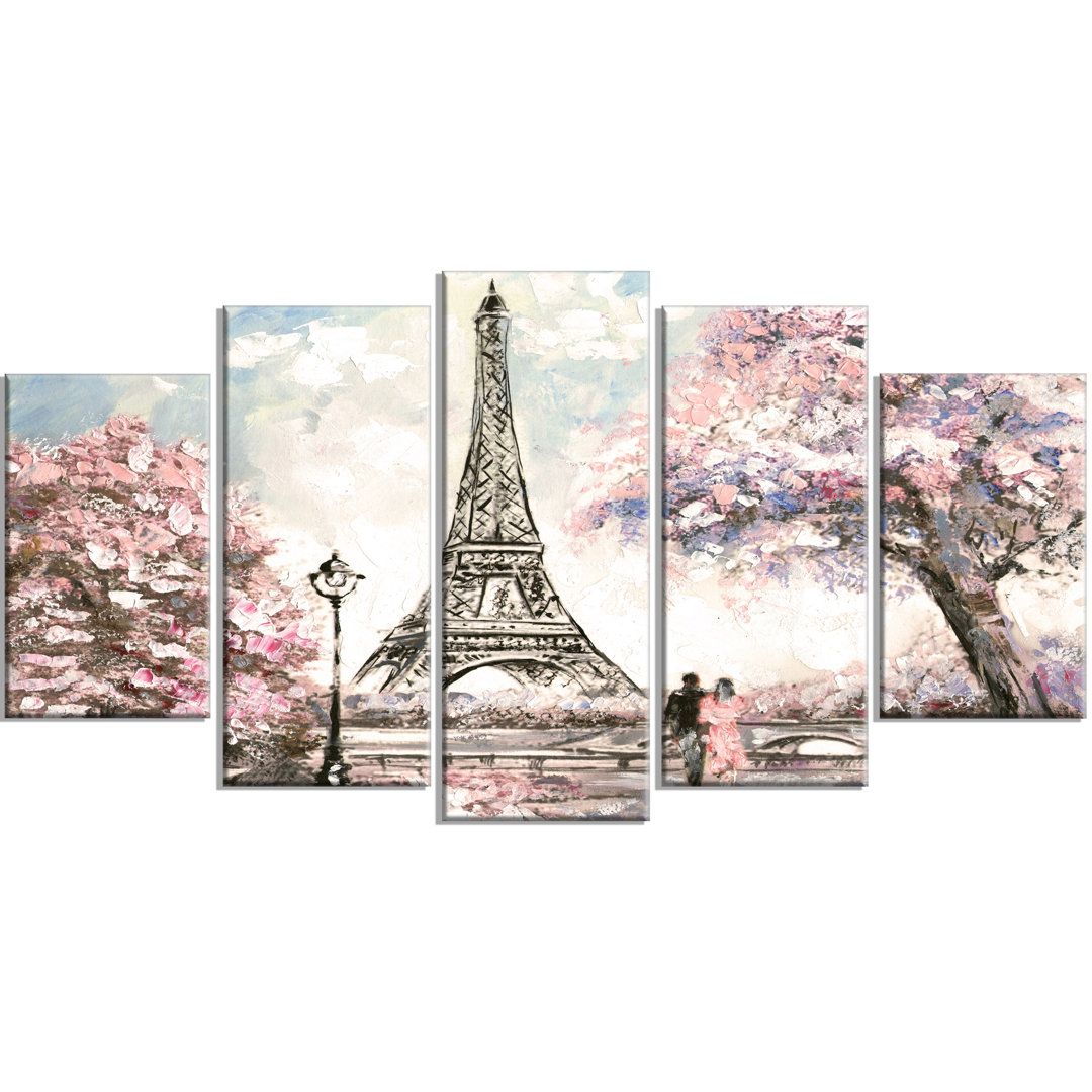 " Eiffel With Pink Flowers " 5 - Pieces Design Art