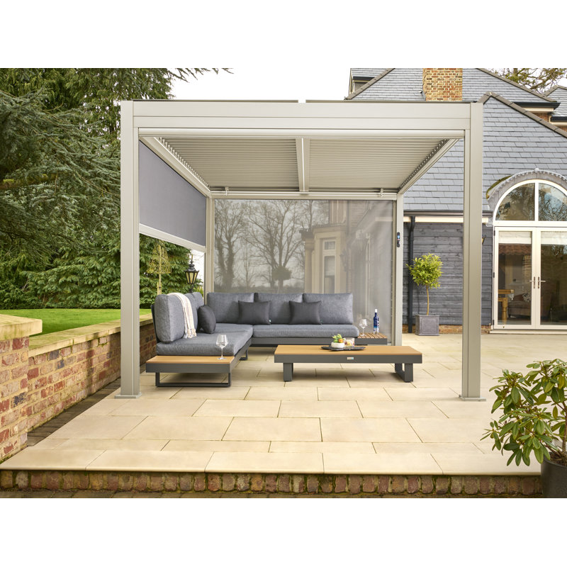Nexus Beige Aluminium Pergola 3m x 4m with LEDs and 4 Pull Down Screens, Beige
