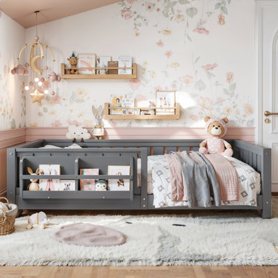 Twin Low Platform Bed With Built-in Bookshelf Safety Guardrail, Twin Size Solid Wood Montessori Bed Frame For Kids, Boys, Girls, Easy Assemble ( Twin, Gray, Bookshelf )