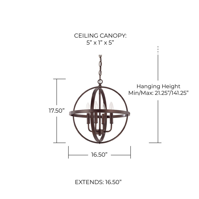 Lustre globe unique à 4 lumières indépendant, Bronze, H 17,5 po x l 16,5 po x P 16,5 po