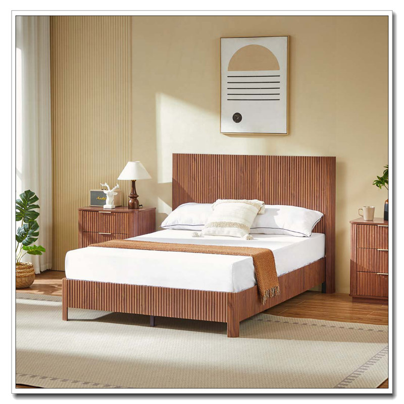 Lit en bois ondulé, lignes courbes, aucun sommier nécessaire, Noyer, Lit double