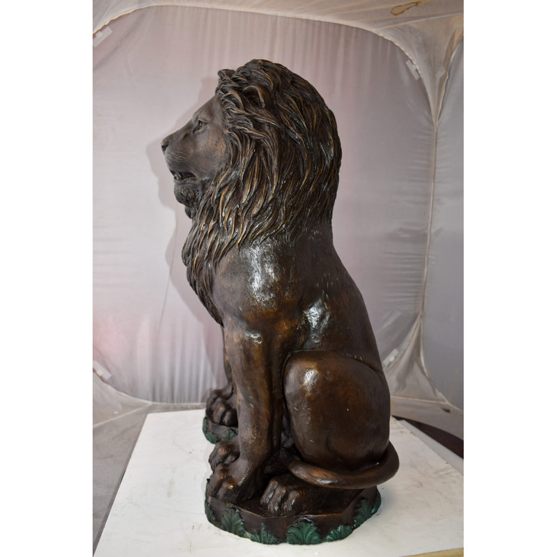 Pair Of Lions Sitting on Base Very Detailed Bronze Statues 13" x 26" x 34"H