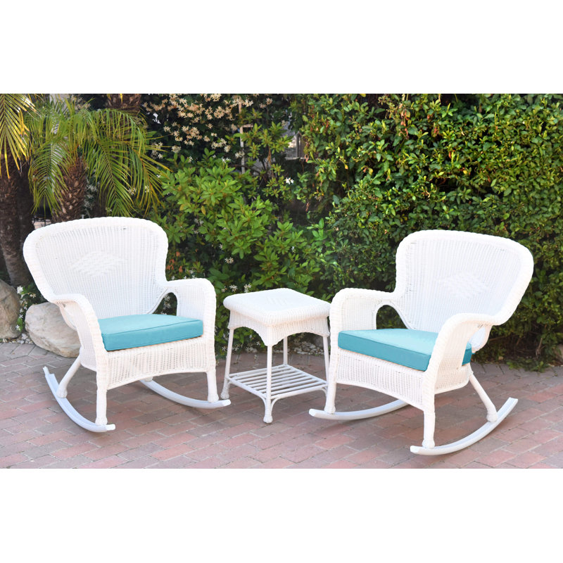 Windsor Resin Wicker Rocker Chair And End Table Set With Cushions, White, Sky Blue