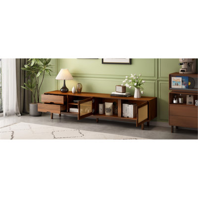 Meuble télé 78 po pour téléviseur de 85 po ou moins, console multimédia avec 2 tiroirs, pieds en bois massif, panneaux avant en rotin, pour salon, centre de divertissement moderne