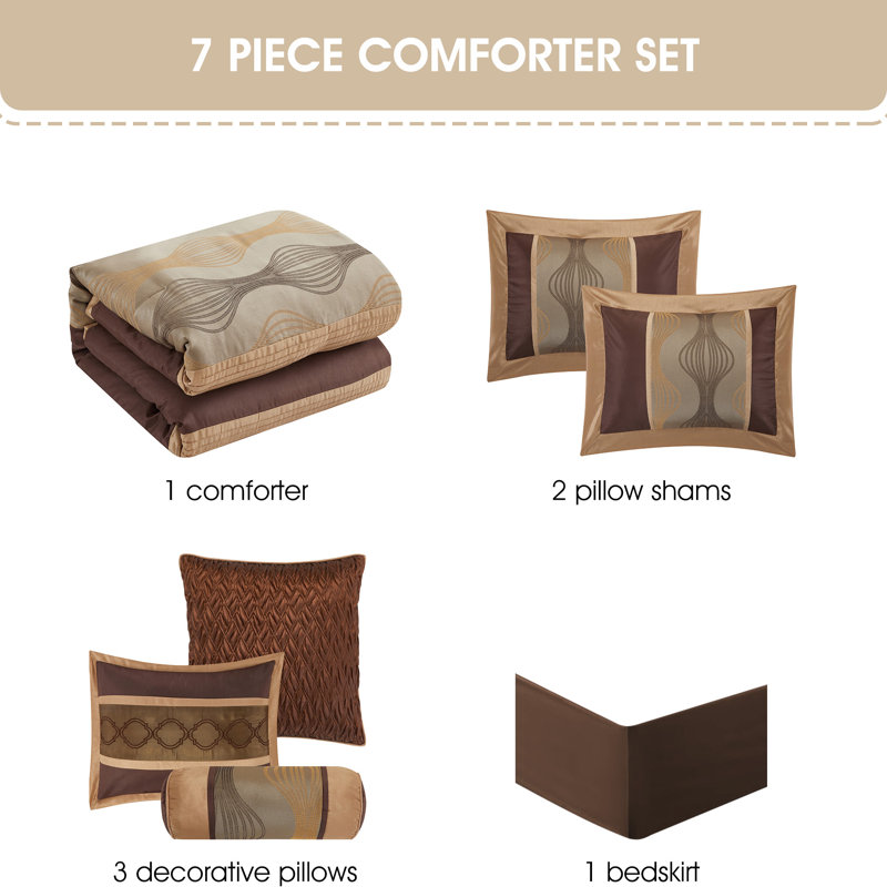 Kath 7 Piece Microfiber Modern & Contemporary Comforter Set, Queen Comforter + 6 Additional Pieces, Dark Brown/Gold