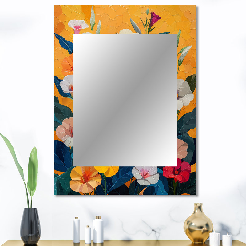 Orange blanc vibrant jardin Morning Glory - miroir de gloire du matin, miroir mural décoratif traditionnel, impression d'art en métal