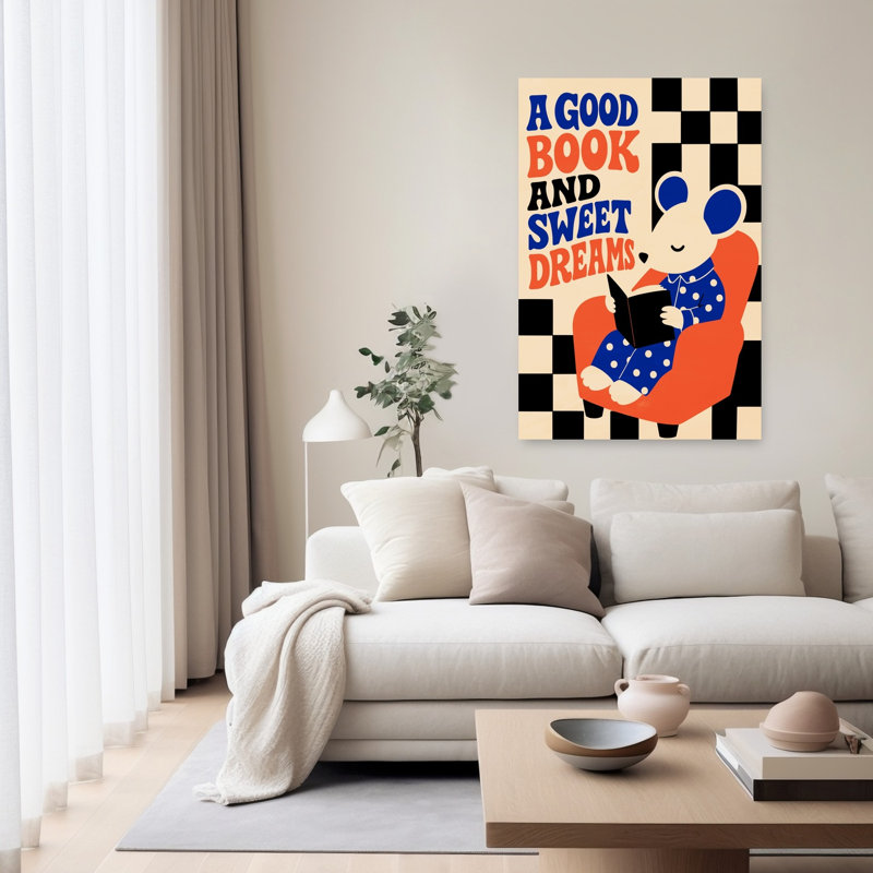 Reading Mouse Sweet Dreams Peaceful Contemporary Animal Wall Art Print by Patryk Krygowski - Wrapped Canvas Print