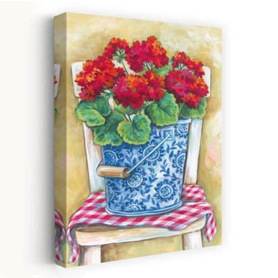 Pail Of Geraniums - Modern Farmhouse Vibrant Flowers Red Geraniums Blue Patterned Bucket Art