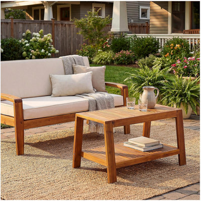 Ensemble de conversation d'extérieur 2 pièces en bois d'acacia teck - causeuse et table basse avec coussins rouges résistants à l'eau, capacité de 350 lb pour le patio, la terrasse et la cour arrière